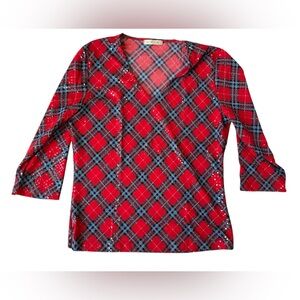 VINTAGE 90S COIN RED PLAID SEQUINED CHRISTMAS BLOUSE TOP SIZE MEDIUM